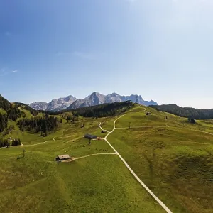 Drone shot, Hochalm, Loferer Alm with view to the Loferer Steinberge