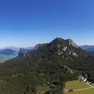 Drone shot, panorama shot, Schober and Drachenwand with Mondsee and Fuschlsee Drone shot, panorama shot, Schober and Drachenwand with Mondsee and Fuschlsee