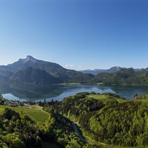 Drone shot, Pichl Auhof at Mondsee with Schafberg