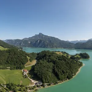 Drone shot, Pichl Auhof at Mondsee with Schafberg