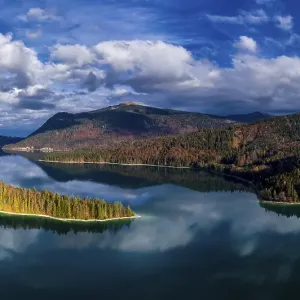 Drone shot, Sassau Island in Walchensee Drone shot, Sassau Island in Walchensee