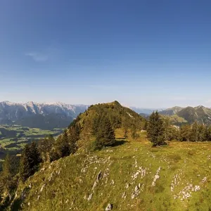 Drone shot, summit of the Einberg with a view of the Lammertal and Tennengebirge mountains Drone shot, summit of the Einberg with a view of the Lammertal and Tennengebirge mountains