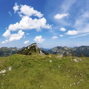 Drone shot, At the summit of Hochbuehel with view to Hochwieskopf Drone shot, At the summit of Hochbuehel with view to Hochwieskopf