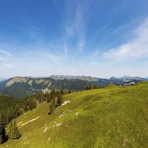 Drone shot, At the summit of the Taborberg with a view of the Lammertal and Tennengebirge mountains