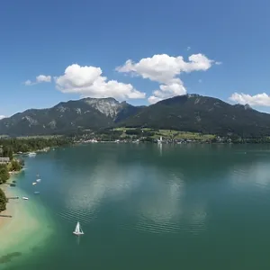 Drone shot, view from Abersee to Sankt Wolfgang with Schafberg