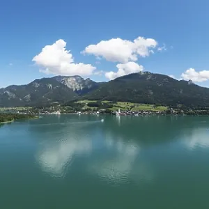 Drone shot, view from Abersee to Sankt Wolfgang with Schafberg Drone shot, view from Abersee to Sankt Wolfgang with Schafberg