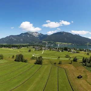 Drone shot, view from Abersee to Sankt Wolfgang with Schafberg