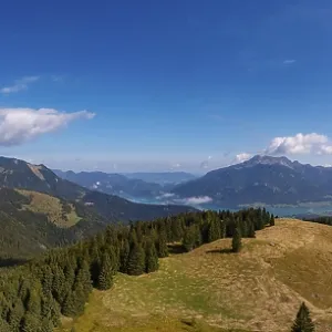 Drone shot, view from Breitenberg to Wolfgangsee and Schafberg