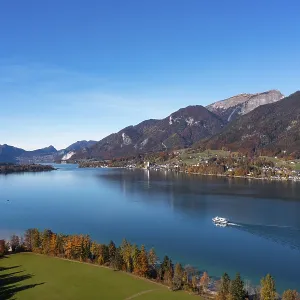 Drone shot, view from Strobl to Sankt Wolfgang am Wolfgangsee with Schafberg