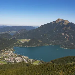 Drone shot, view from Zwoelferhorn to Sankt Gilgen am Wolfgangsee and Schafberg