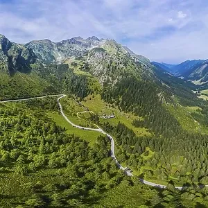 Drone shot, winding mountain road