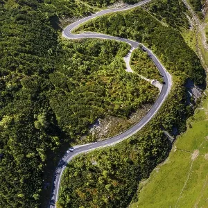 Drone shot, winding mountain road