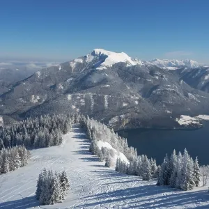 Drone shot, winter landscape with ski tracks in deep snow Drone shot, winter landscape with ski tracks in deep snow