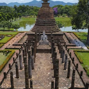Drone view of an ancient temple complex in Thailand Drone view of an ancient temple complex in Thailand