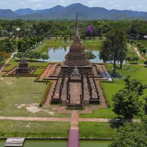 Drone view of an ancient temple complex in Thailand Drone view of an ancient temple complex in Thailand