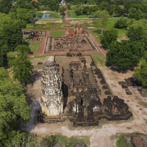 Drone view of an ancient temple complex in Thailand Drone view of an ancient temple complex in Thailand