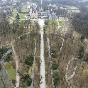 Drone view of Moszna Castle from the 18th century