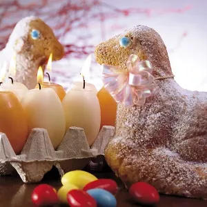 Easter lambs (baked goods) and Easter egg candles