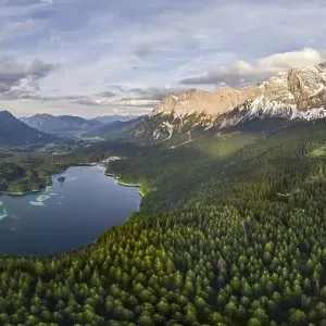Eibsee lake and Zugspitze massif with Zugspitze