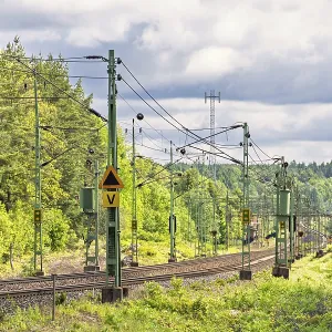Electric railway line with overhead line in a deciduous forest in spring