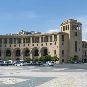 Elongated stone building with arches