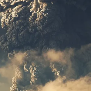 Eruption. Clubs of smoke and ash in the atmosphere