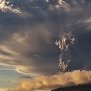 Eruption. Clubs of smoke and ash in the atmosphere