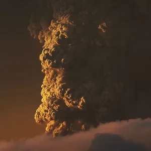 Eruption. Clubs of smoke and ash in the atmosphere