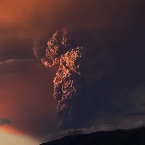 Eruption. Clubs of smoke and ash in the atmosphere