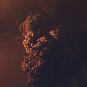Eruption. Clubs of smoke and ash in the atmosphere