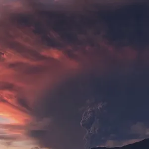 Eruption. Clubs of smoke and ash in the atmosphere