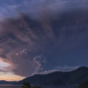 Eruption. Clubs of smoke and ash in the atmosphere