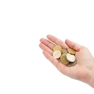 Euro coins in woman's hand<br> Euro coins in woman's hand
