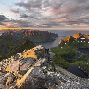 Evening atmosphere, mountain landscape with Reinefjord and lake Evening atmosphere, mountain landscape with Reinefjord and lake