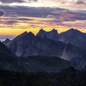 Evening glow, evening mood, mountain landscape with fjord