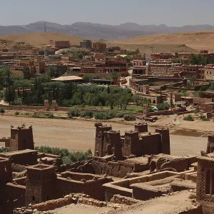 Expansive view of the clay town of Ait Benhaddou and surrounding area