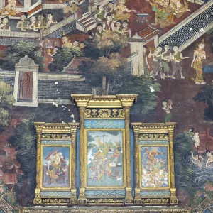 Exquisite wall paintings, interior view of Phra Ubosot or ordination hall Exquisite wall paintings, interior view of Phra Ubosot or ordination hall