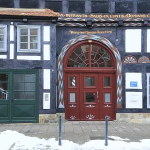 Facade with entrance gate of a 16th century half-timbered house in BrennerstraBe Facade with entrance gate of a 16th century half-timbered house in BrennerstraBe