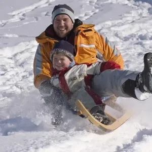 Familiy in the winter sleigh sledging on a sledge