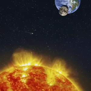 Fantasy composition of a solar eclipse seen from the Sun with the Moon projecting its shadow on the planet Earth Fantasy composition of a solar eclipse seen from the Sun with the Moon projecting its shadow on the planet Earth