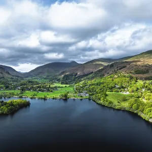 Farms and Mountains over road A591 from a drone