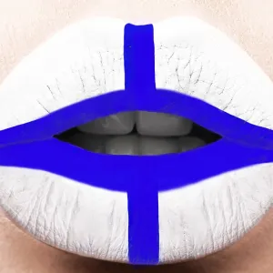 Female lips close up with a picture of the flag of Finland Female lips close up with a picture of the flag of Finland