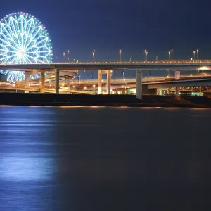 Ferris wheel over night water, Tokyo