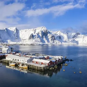 Fishing village Hamnoy, Rorbu fishing huts by the fjord Fishing village Hamnoy, Rorbu fishing huts by the fjord