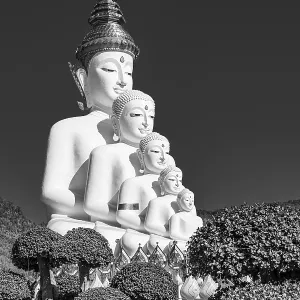Five-headed Buddha statue, black and white photo Five-headed Buddha statue, black and white photo