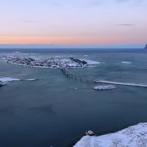 Fjord with islands and a bridge during the blue hour Fjord with islands and a bridge during the blue hour
