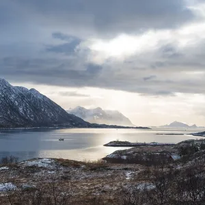 Fjord in winter, Austnesfjorden fjord