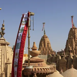 Flags and detail reliefs on rooftops of Jain temple in Jaisalmer