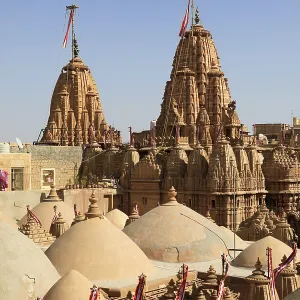 Flags and detail reliefs on rooftops of Jain temple in Jaisalmer