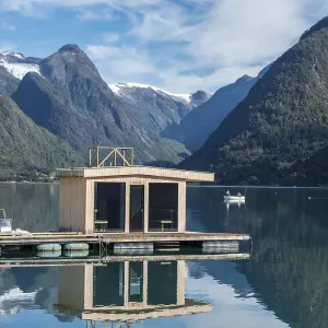 Floating sauna, village Fjaerland at the Sognefjord